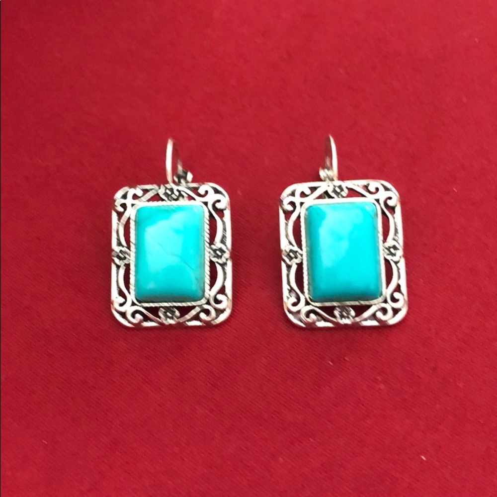 Silver  Turquoise Square Iced Out Earrings